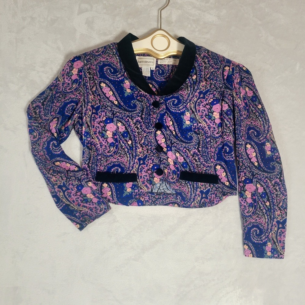 90s Karin Stevens‎ Velvet And Paisley Purple Crop Jacket 12
